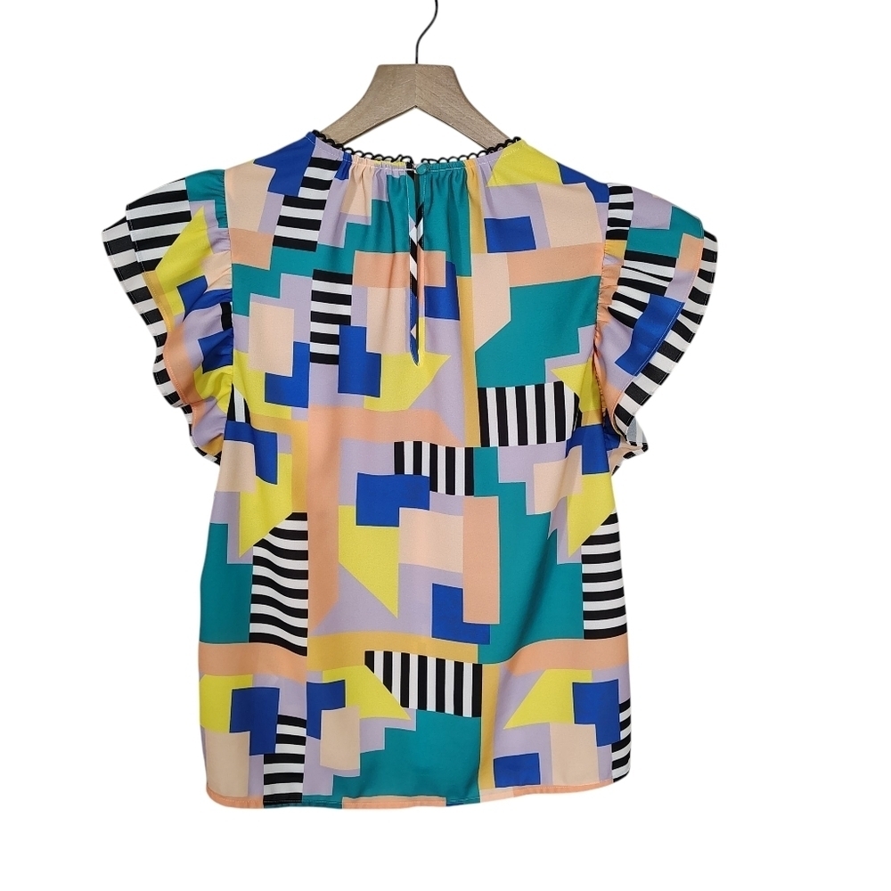Crosby by Mollie Burch Womens Small Abstract Geometric Ruffle Sleeve Blouse - Picture 2 of 7